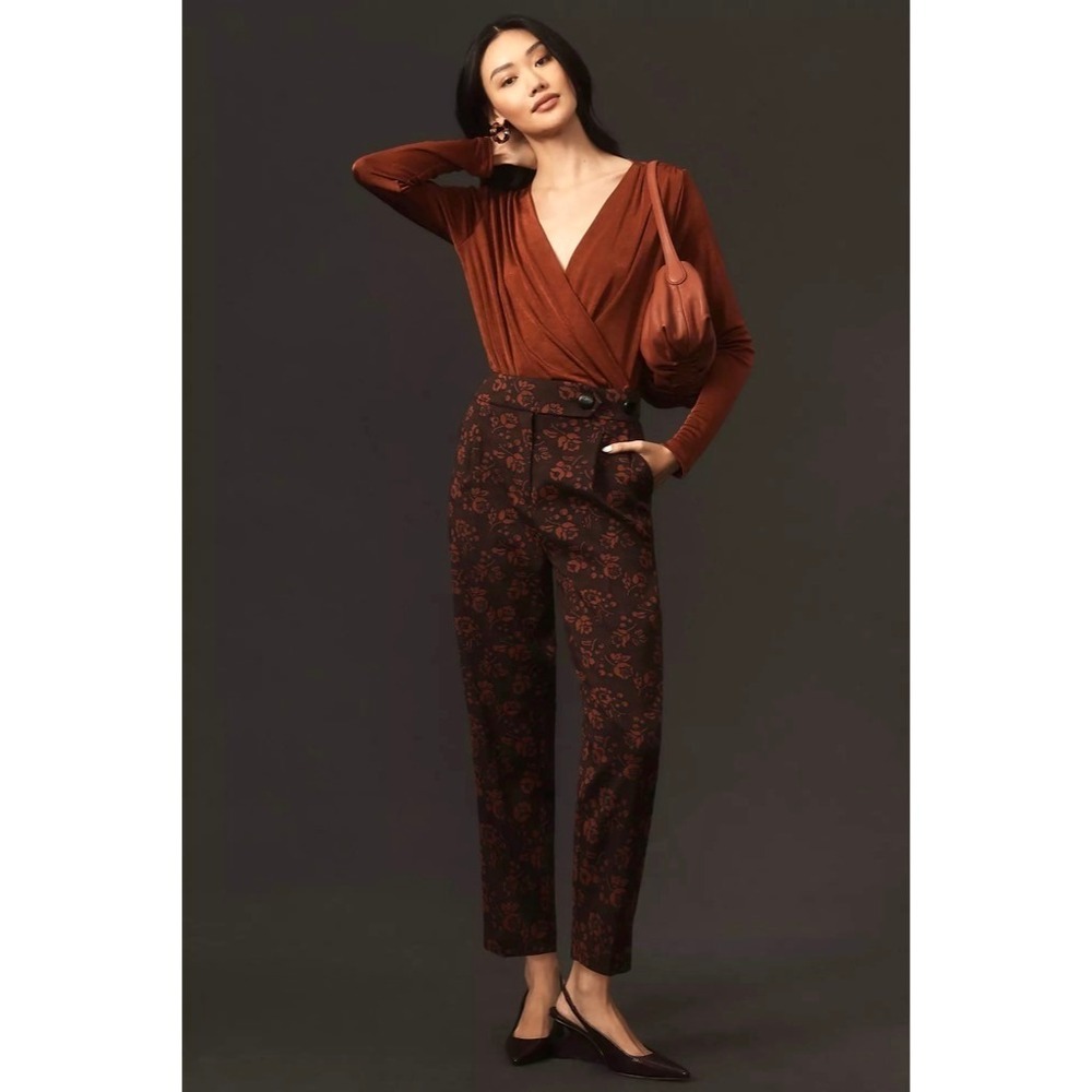 Anthropologie MAEVE Floral Jacquard High-Rise Trousers‎ Pants Tapered Office 2